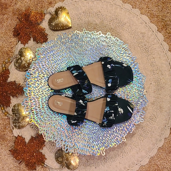 Lewit Shoes - Lewit Elena Ruched Blue Floral Dressy Slide Sandals